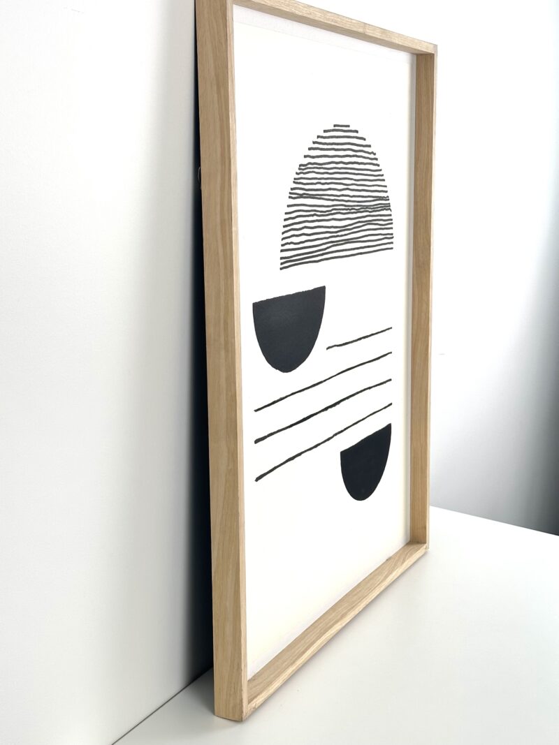 Hand Printed Abstract Horizon Art with Oak Frame – Black & Cream 80cm x 60cm – Ex-Display
