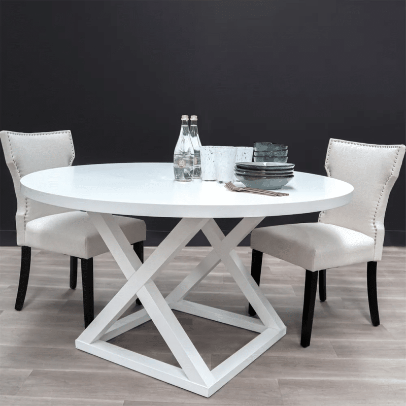 Modern Timber 6 Seater Round Dining Table with Open Cross Cut Legs - White - Brand New