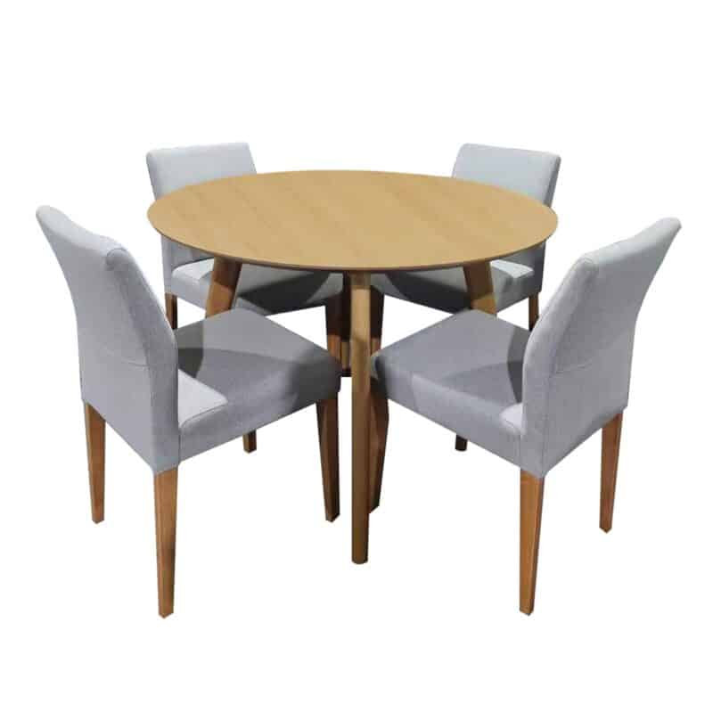 Alexandria 1.1dia Dining Table & 4 Hayne Grey Fabric Chairs – Brand New