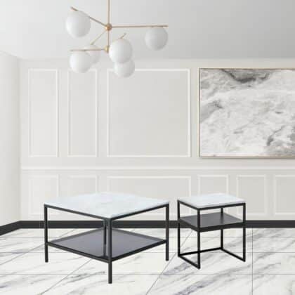 Leonardo Marble Bedside Table with Shelf and Black Metal Frame – Brand New