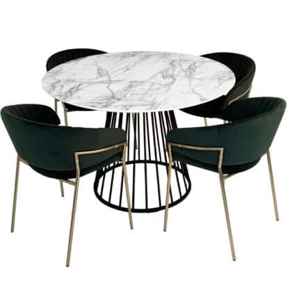 4 Seater White Liverpool 1.1 Dining Table & Lex Chair in Green Velvet Set – Brand New