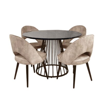Black Liverpool 1.1 Round Faux Marble Table and 4 Paxton Dining Chair in Velvet Taupe – Brand New