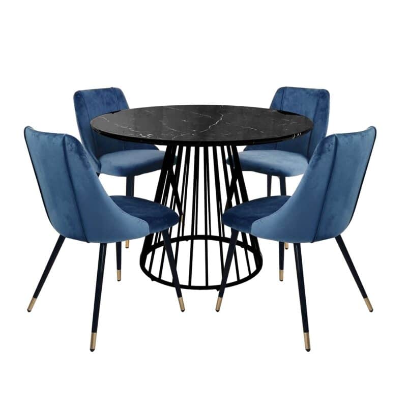 Black Liverpool 1.1dia Faux-Marble Dining Table & 4 Sofia Chairs in Blue Velvet – Brand New