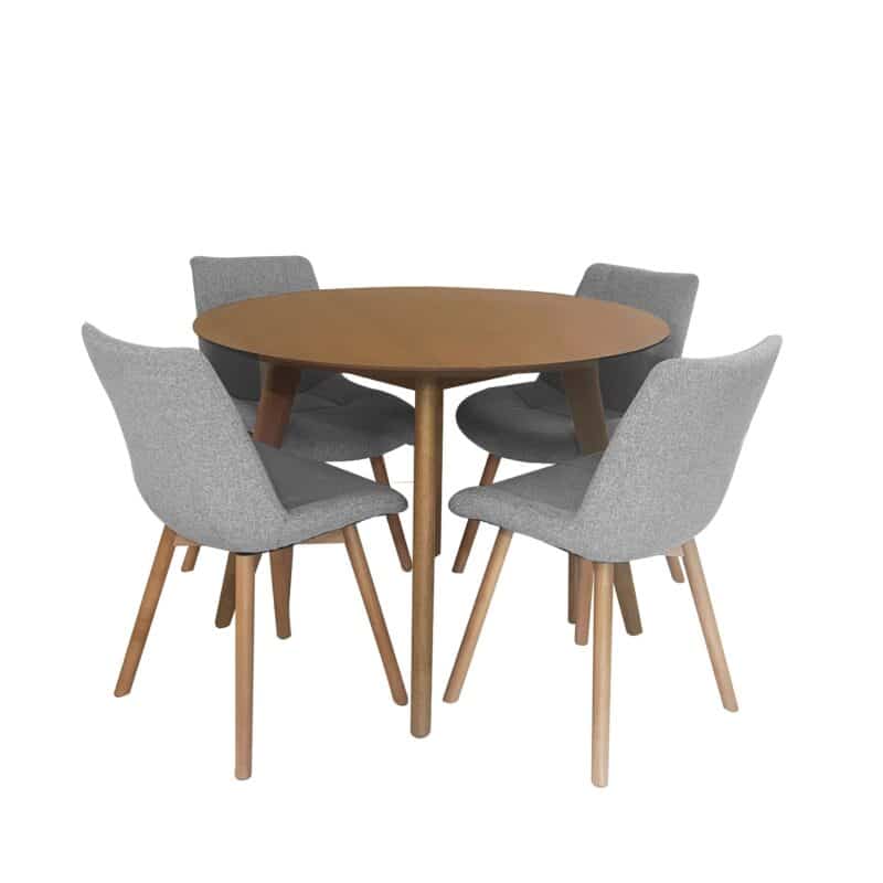 Alexandria 1.1 Dining Table with 4 Mali Dining Chairs in Grey Fabric and Solid Wood – Brand New