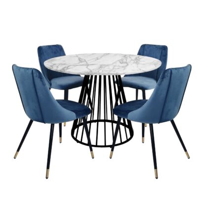 White Liverpool 1.1dia Faux-Marble Dining Table & 4 Sofia Chairs in Blue Velvet – Brand New