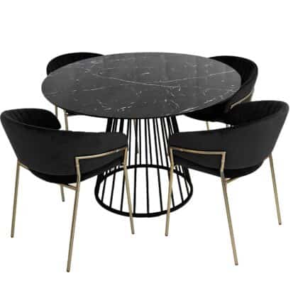 Black Liverpool 1.1 Round Faux Marble Table and 4 Lex Dining Chair in Velvet Black and Brass Gold Legs – Brand New