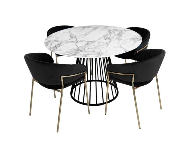 White Liverpool 1.1 Round Faux Marble Tablee and 4 Lex Dining Chair in Velvet Black and Brass Gold Legs – Brand New