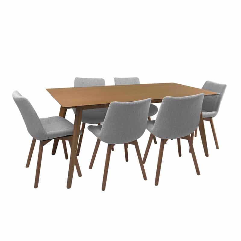 Alexandria 1.8 Dining Table with 4 Mali Dining Chairs in Grey Fabric and Solid Wood - Brand New
