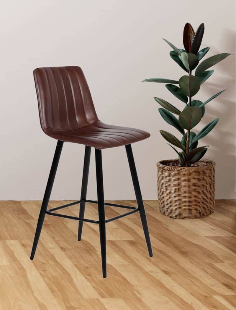 Molly Barstool in Brown Faux Leather and Powdercoated Legs in Black – Set of 4 – Brand New