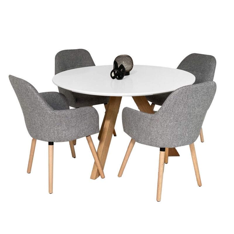 4 Seater Murris 1.2 Dining Table & Grey Fabric Milan Chairs Set – Brand New