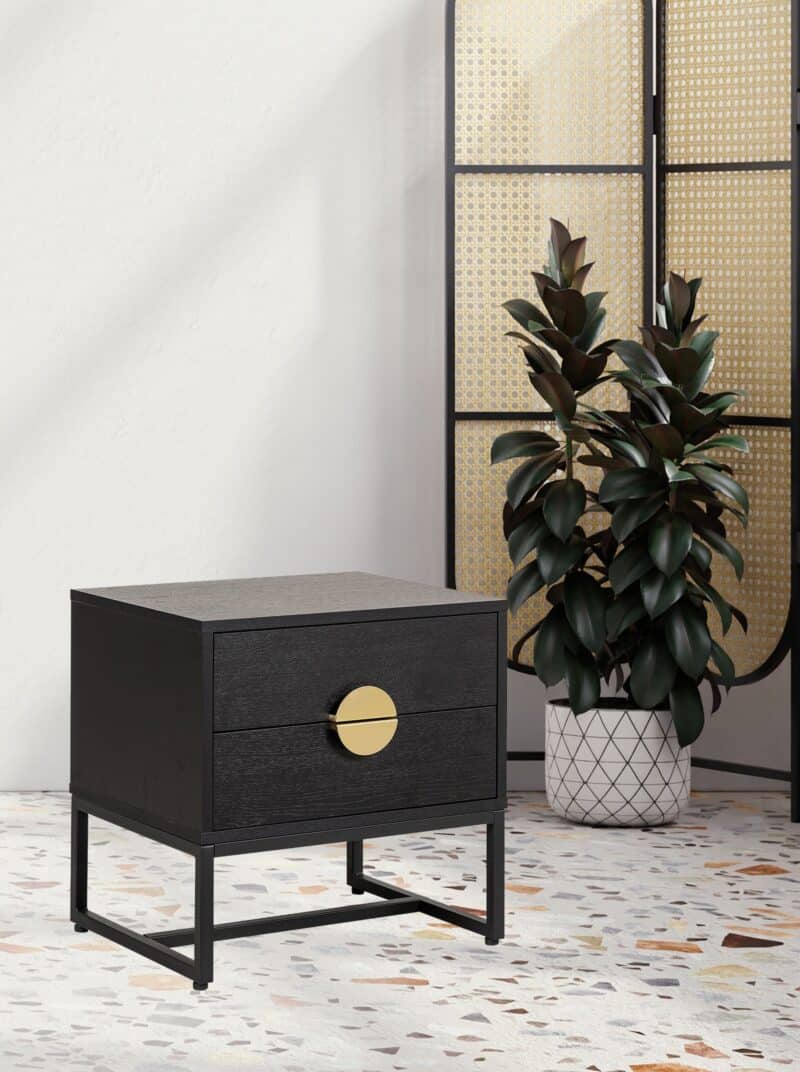 Opus Bedside Table in Black and Gold Handle – Brand New
