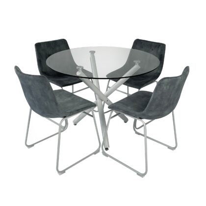 Orion Dining Table with 4 Fins Velvet Chairs in Dark Grey – Brand New