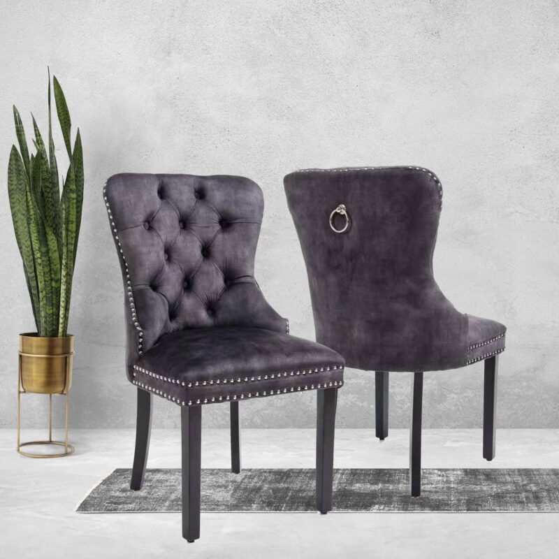 Regent Dining Chair in Luxe Grey Velvet Button Tufted Back and Chrome Studs and Ring Back with Black Solid Timber Legs – Brand New