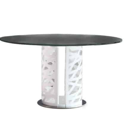 Rondo 1.3 Dining Table with Black Tempered Glass and White nest patterned shell in Metal - Brand New