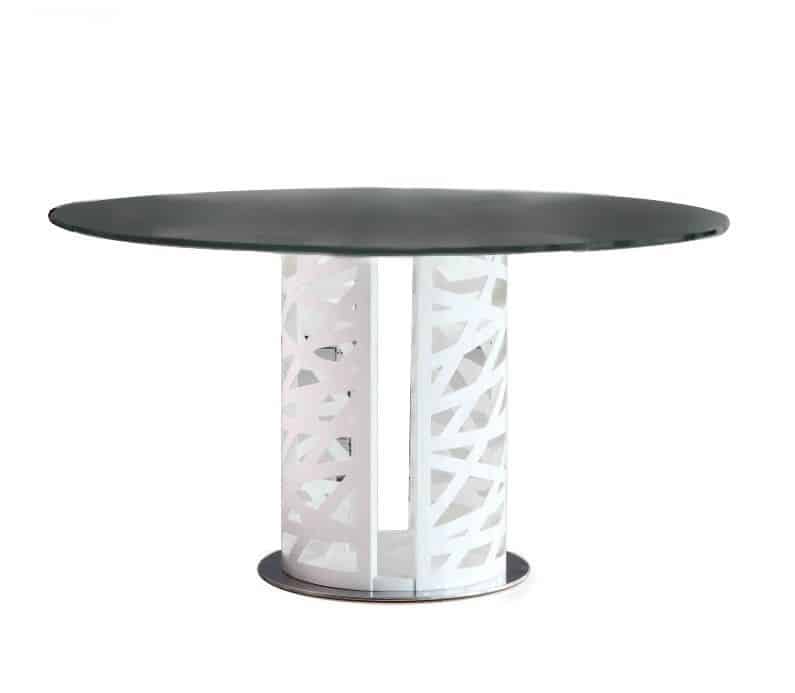 Rondo 1.3 Dining Table with Black Tempered Glass and White nest patterned shell in Metal - Brand New
