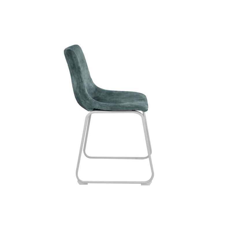 Fins Dining Chair in Teal Velvet Fabric and White Powdercoated Legs - Brand New