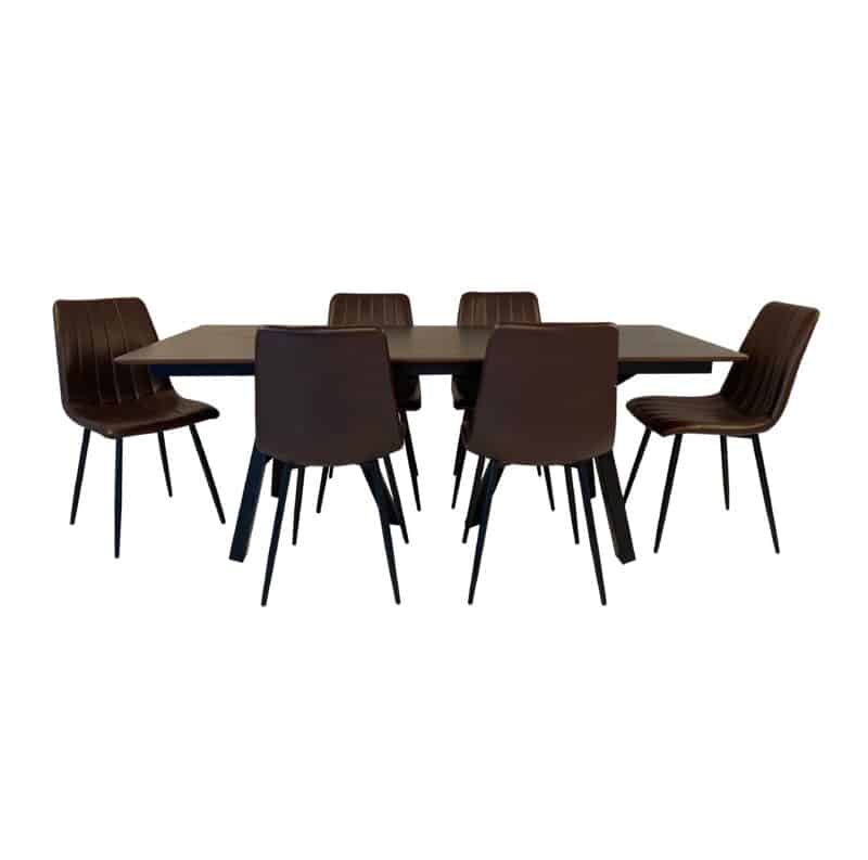 Carrie 2m Dining Table with 6 Molly Chairs in Brown Faux Leather - Brand New