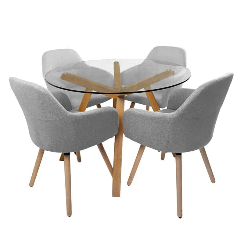 Finland 1.1 Round Dining Table with 4 Milan Dining Chairs in Grey Fabric and Solid Timber Legs – Brand New