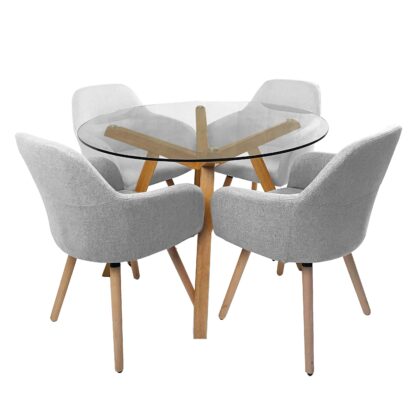 Finland 1.1 Round Dining Table with 4 Milan Dining Chairs in Light Grey Fabric and Solid Timber Legs – Brand New