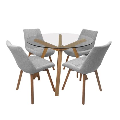 Finland 1.1dia Round Dining Table with 4 Mali Chairs in Grey Fabric - Brand New