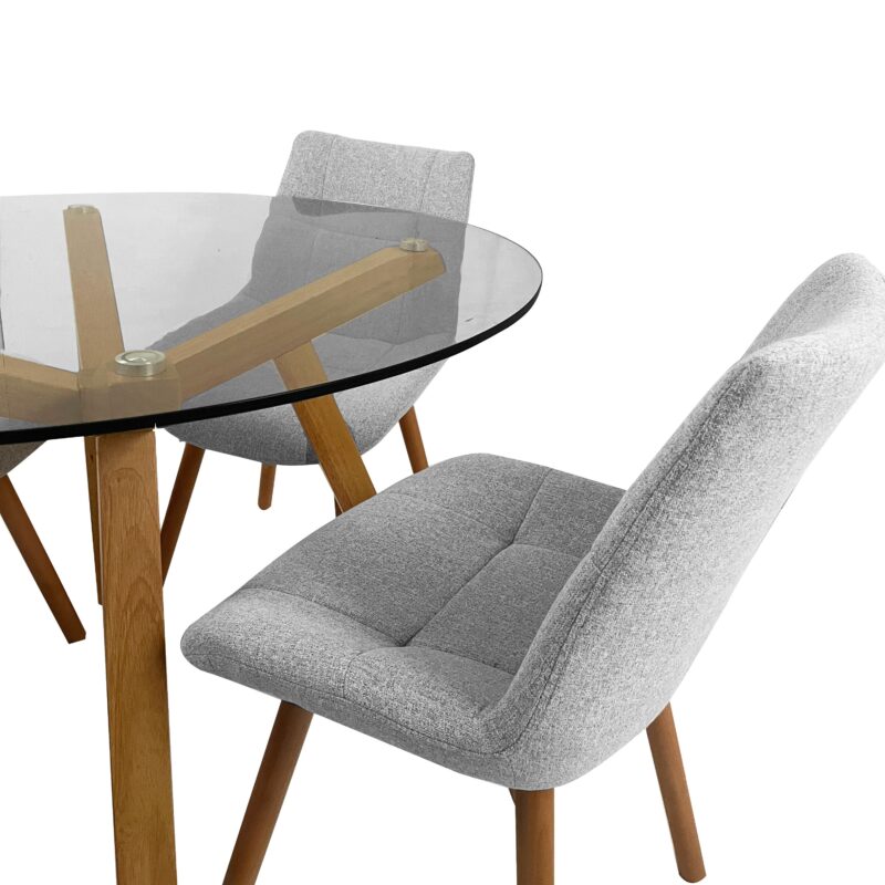 Finland 1.1dia Round Dining Table with 4 Mali Chairs in Grey Fabric - Brand New