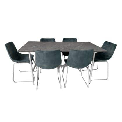 Gemma 1.6 Dining Table & 6 Fins Teal Fabric Chairs - Brand New