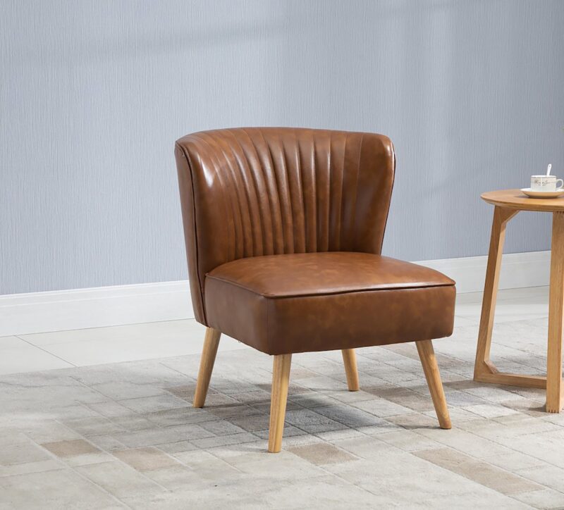 Hugo Armchair in Tan Faux Leather with Solid Timber Legs – Brand New