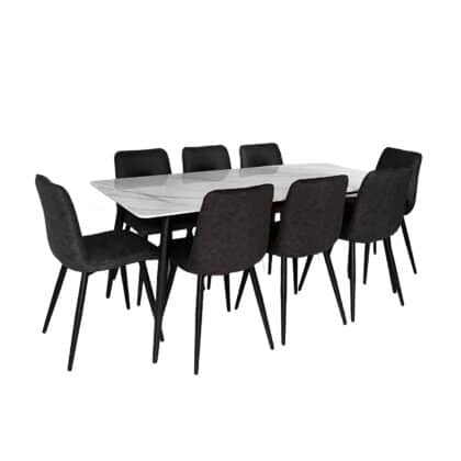 Kelly 1.8 Marble Looking Sintered Stones Table with 8 Midash Vintage Faux Leather Chairs in Black – Brand New